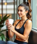 Fitness female wearing small tank top and work out pants in a rest area drinking recovery drink smiling