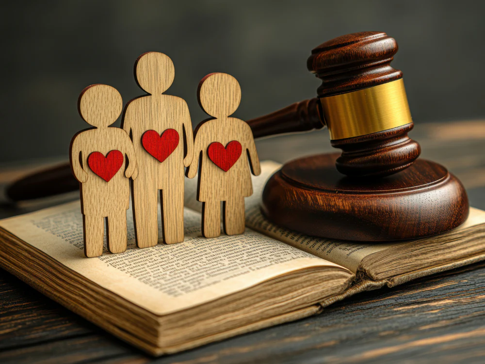 a legal gavel resting on a law book with mom, dad, child wood carved figures with red hearts on each one