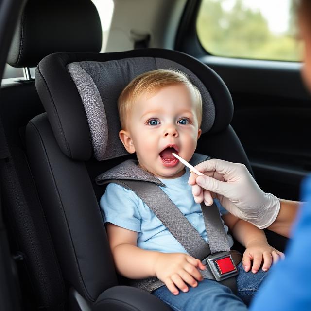 Baby in a car seat with mouth open mother inserting a cotton swab q tip collecting cheek specimen for paternity testing